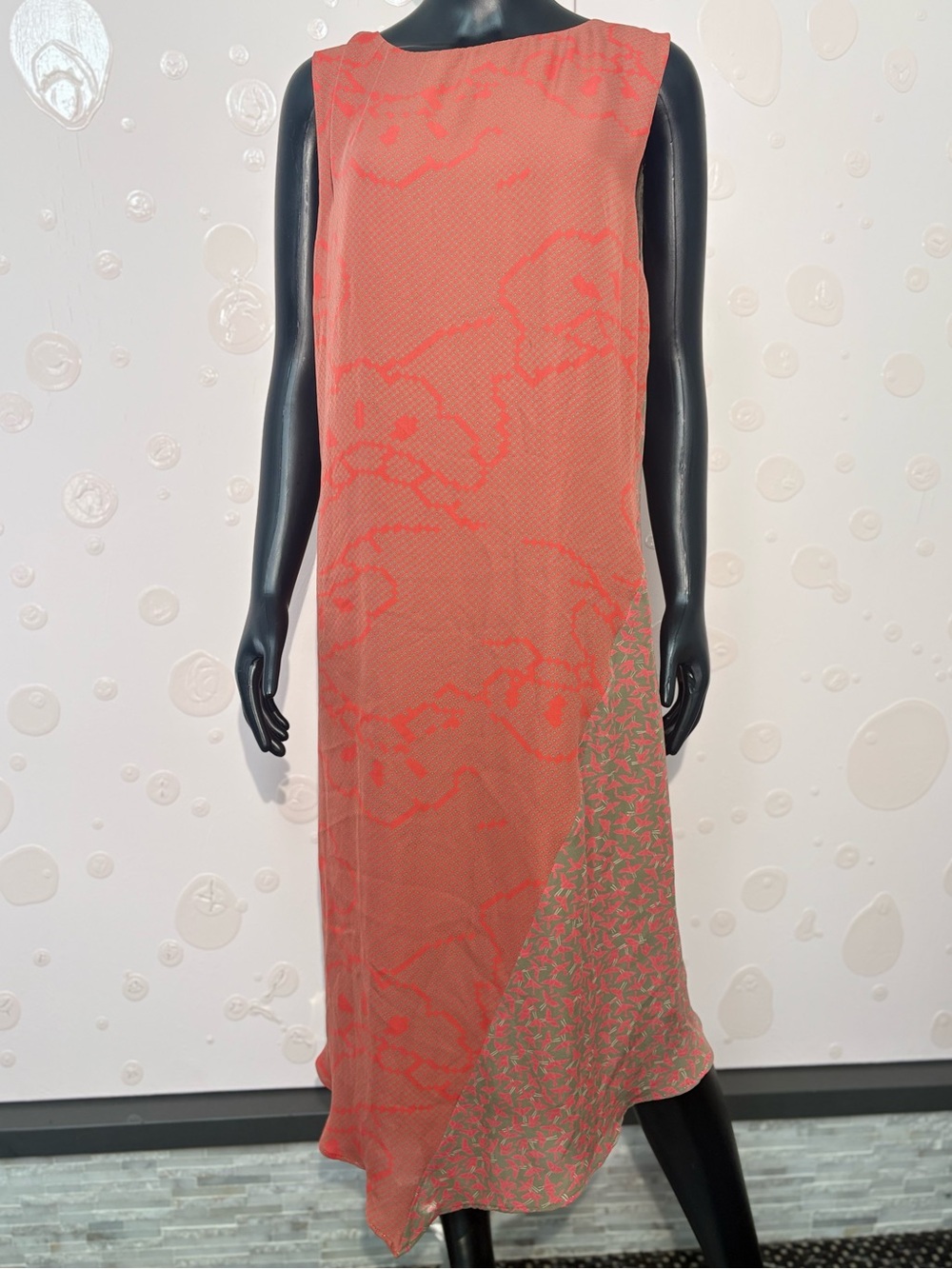 Vintage Ya-Ya 100% Silk Asymmetric Cowl Back Midi Dress Coral Orange & Green L